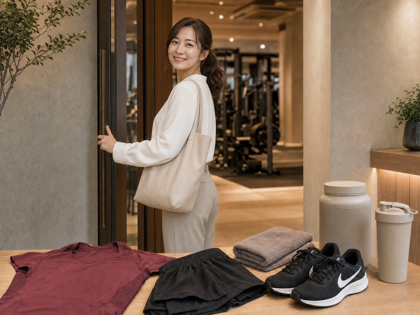 仕事帰りにFiato Fitへ立ち寄る女性と、用意されたシューズ、ウェア、タオル、プロテイン